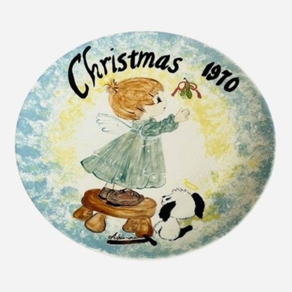Vintage 1970 Christmas Collector Plate Hand Painted Angel Dog Signed Adriene 10"